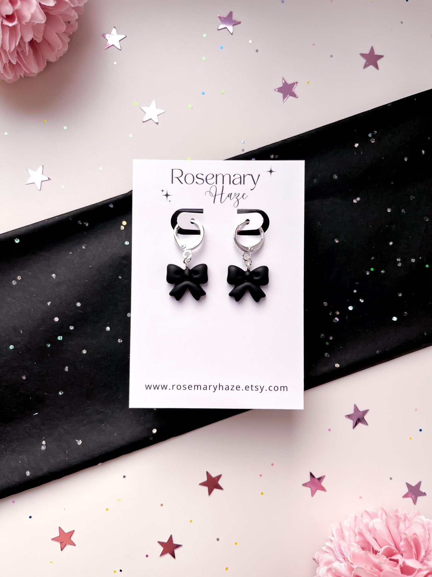 Black Bow Earrings - studs & huggie hoops