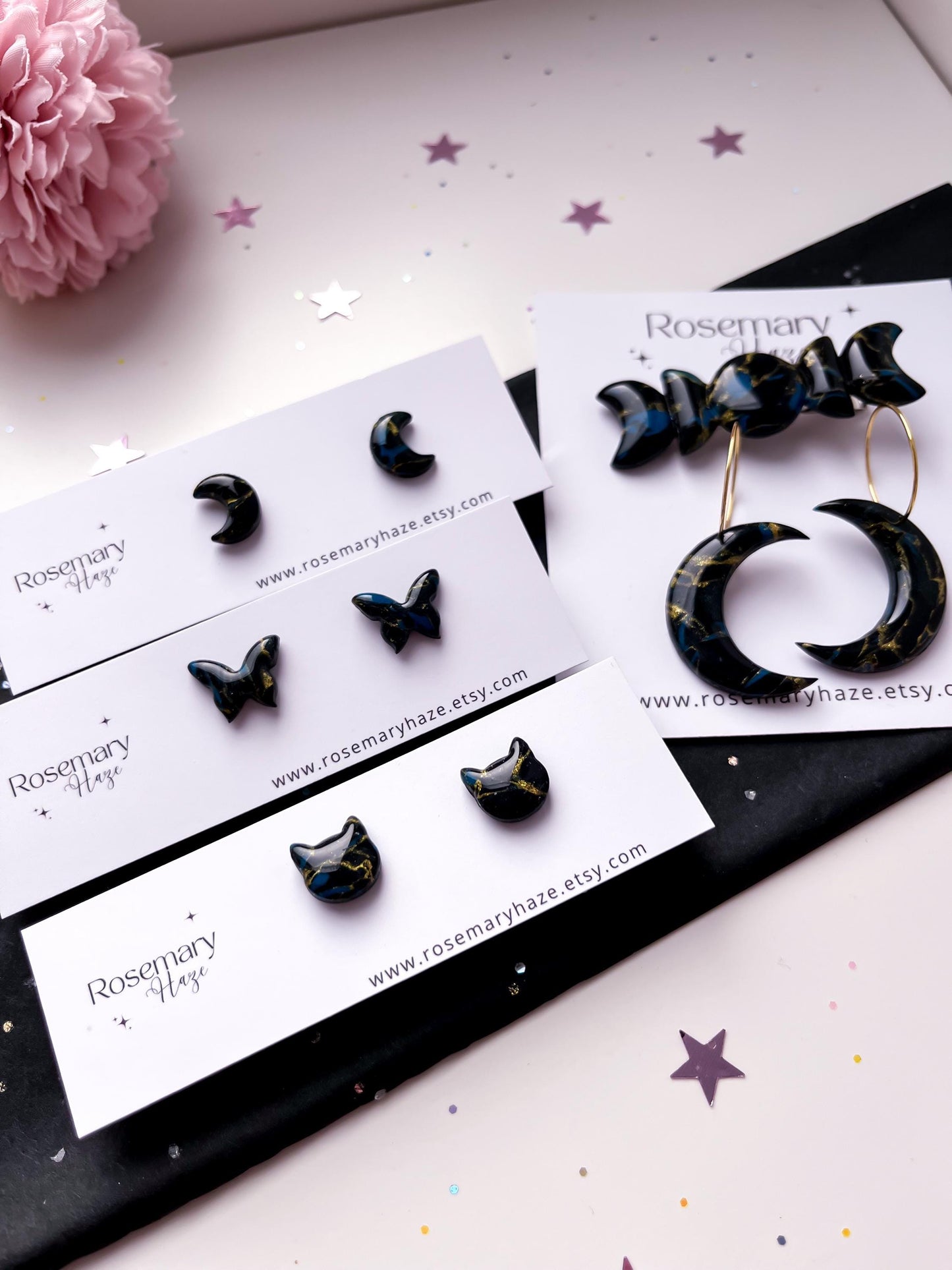 Black Marble Moonphase Alligator Clip