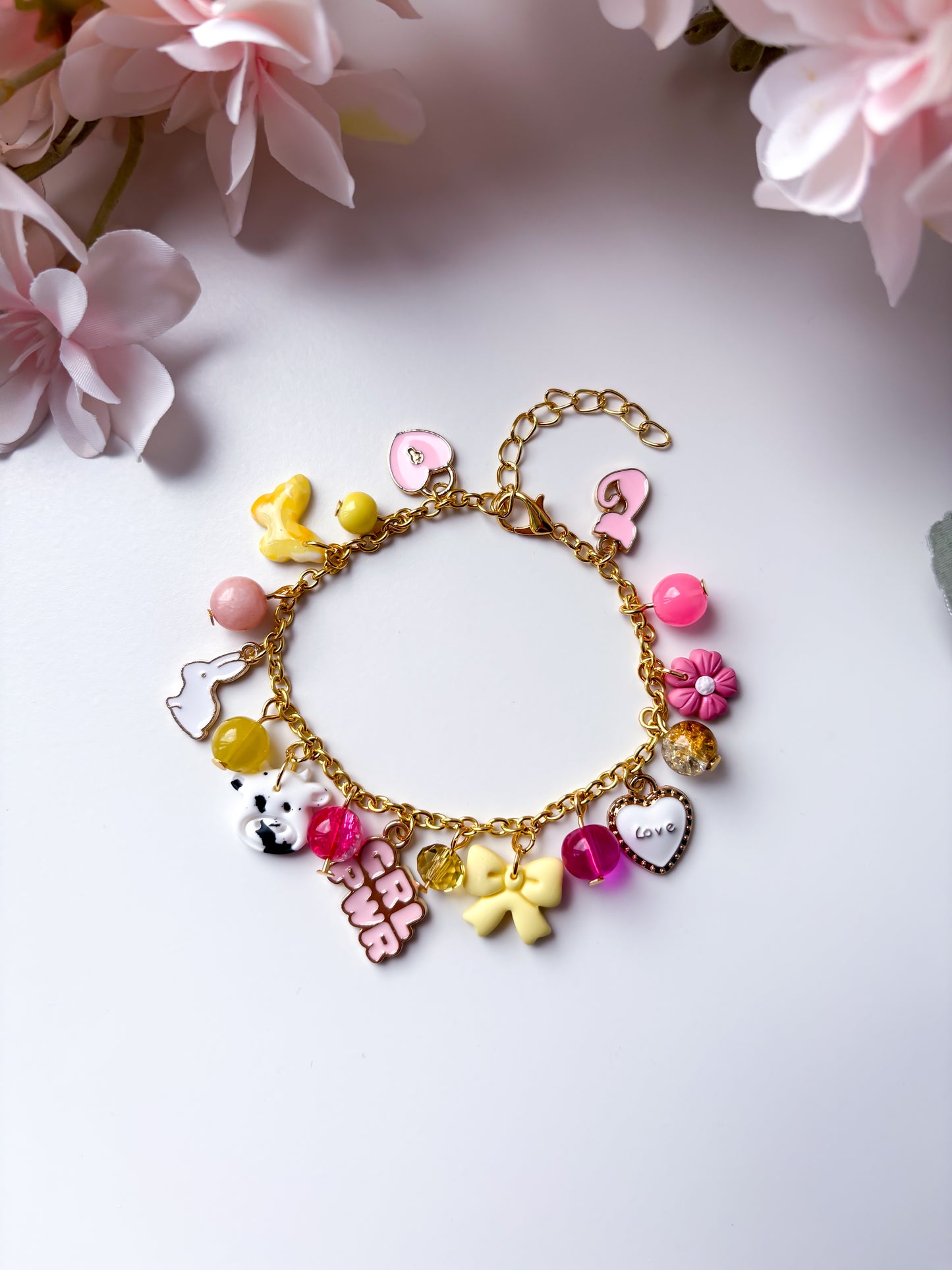 OOAK charm bracelet - pink & yellow
