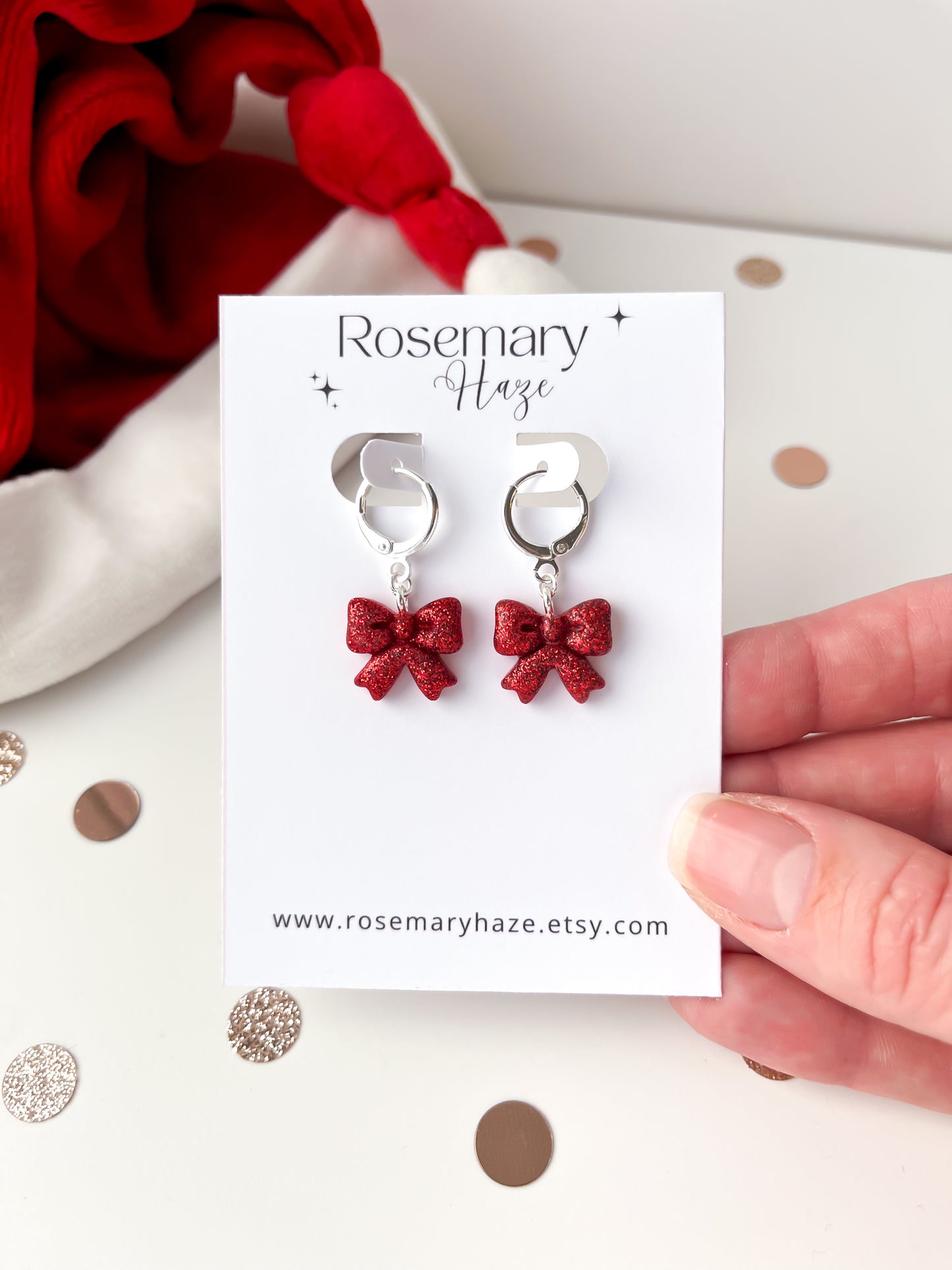Red Glitter Bow Huggie Hoop Earrings