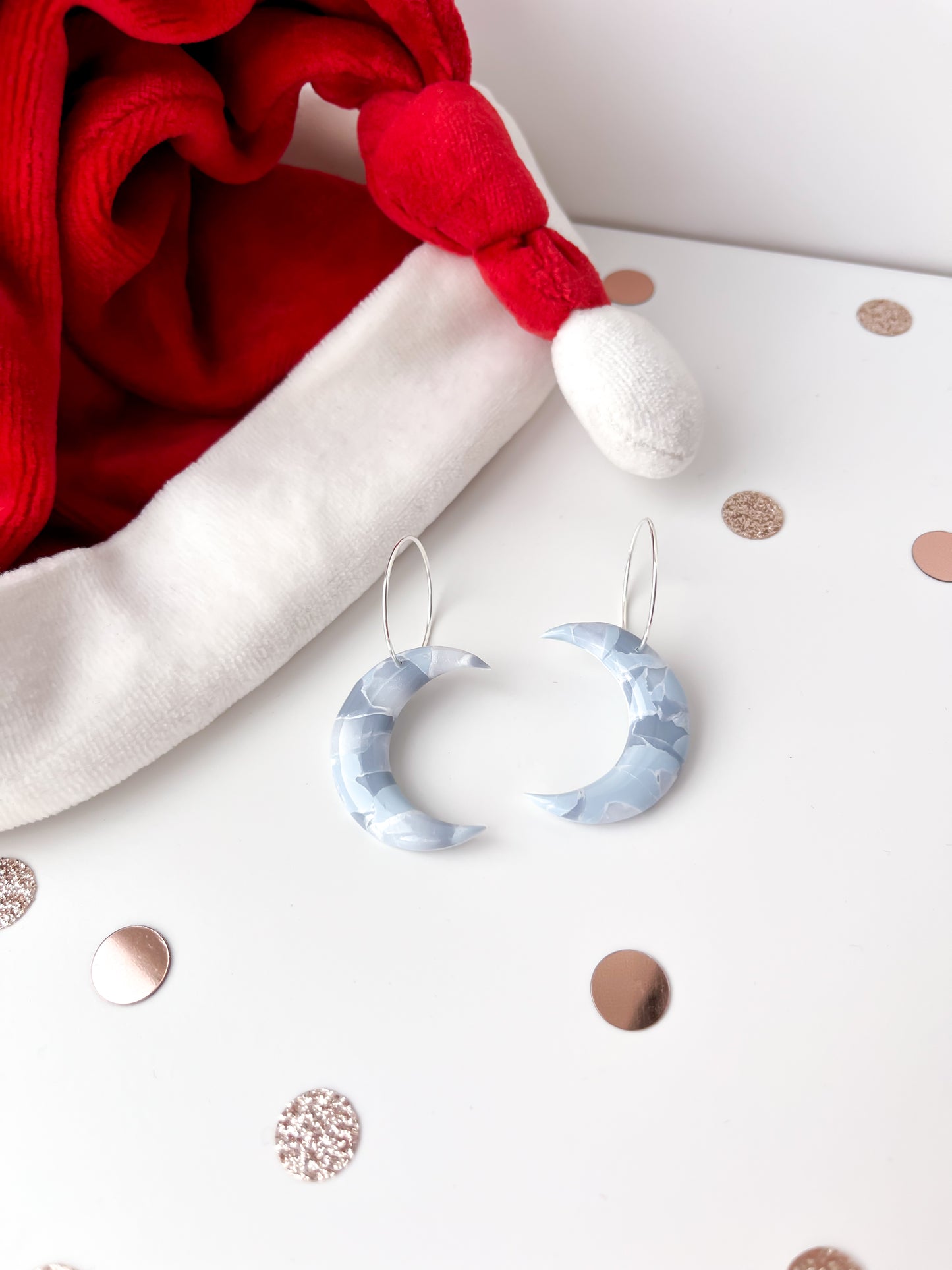 Winter Marble Crescent Moon Hoops