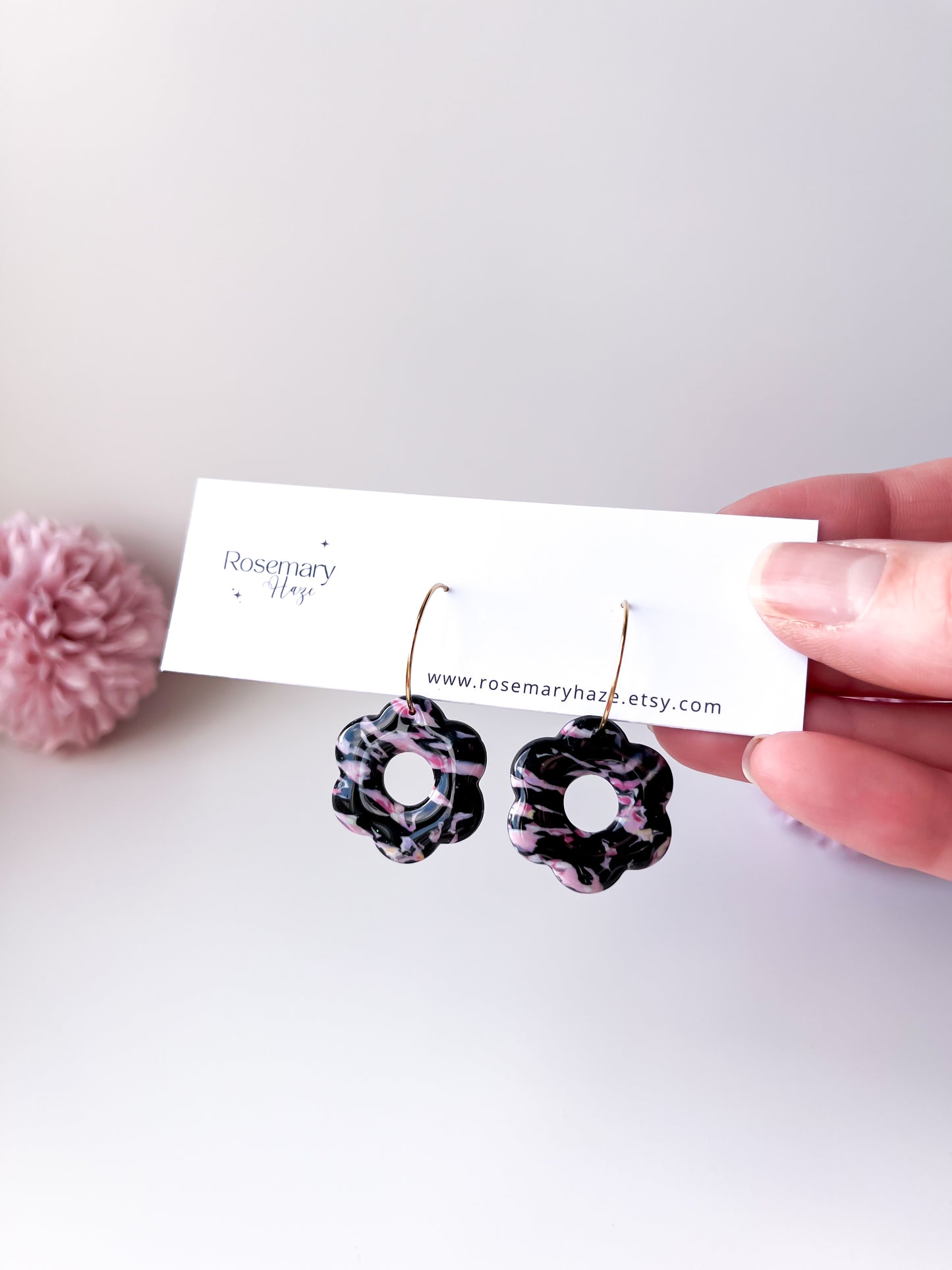 Black & Pink Flower Hoops