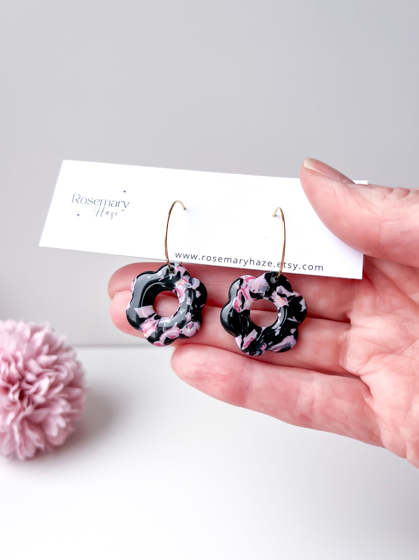 Black & Pink Flower Hoops
