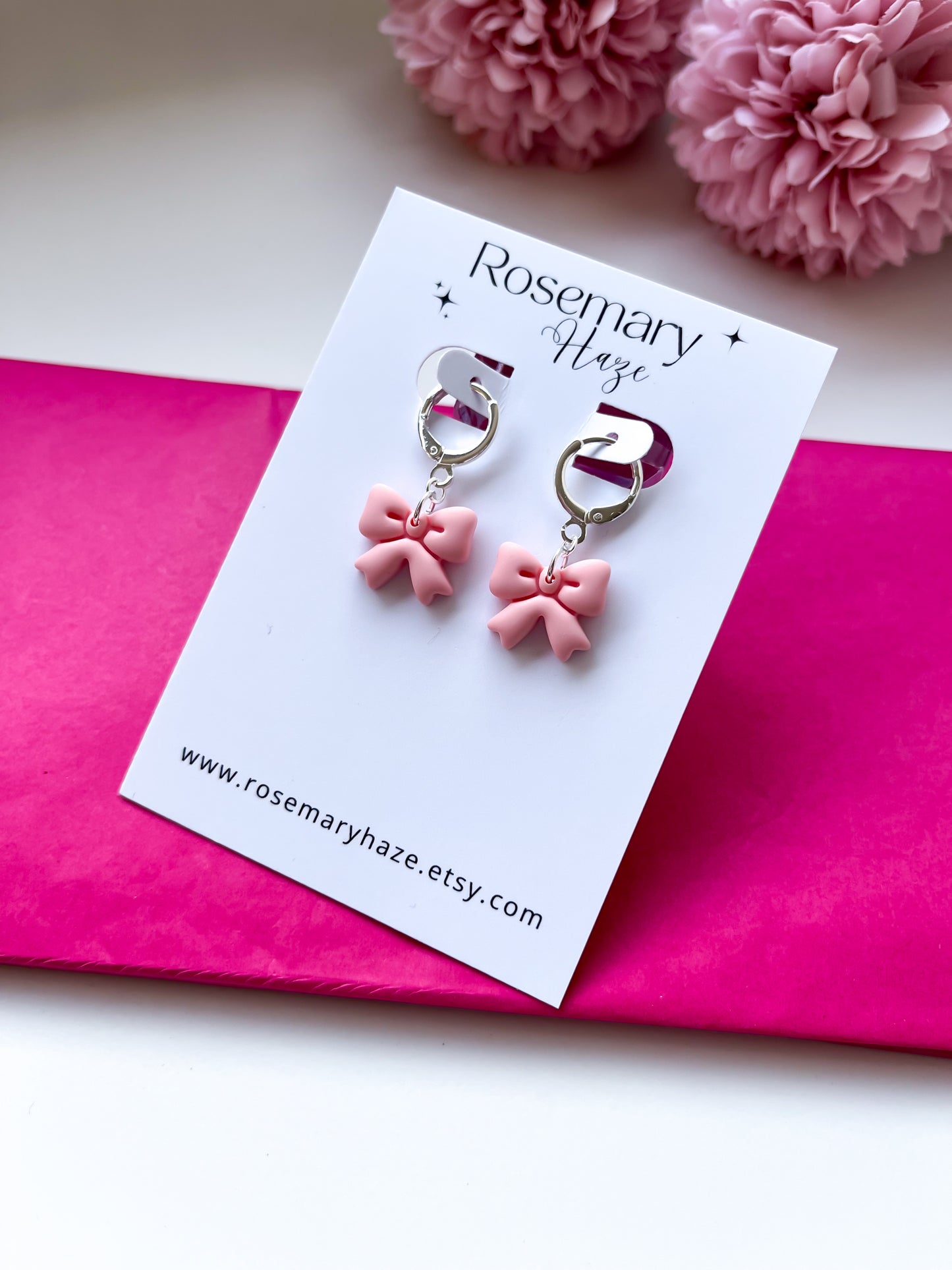 Bow Huggie Hoops - Baby Pink