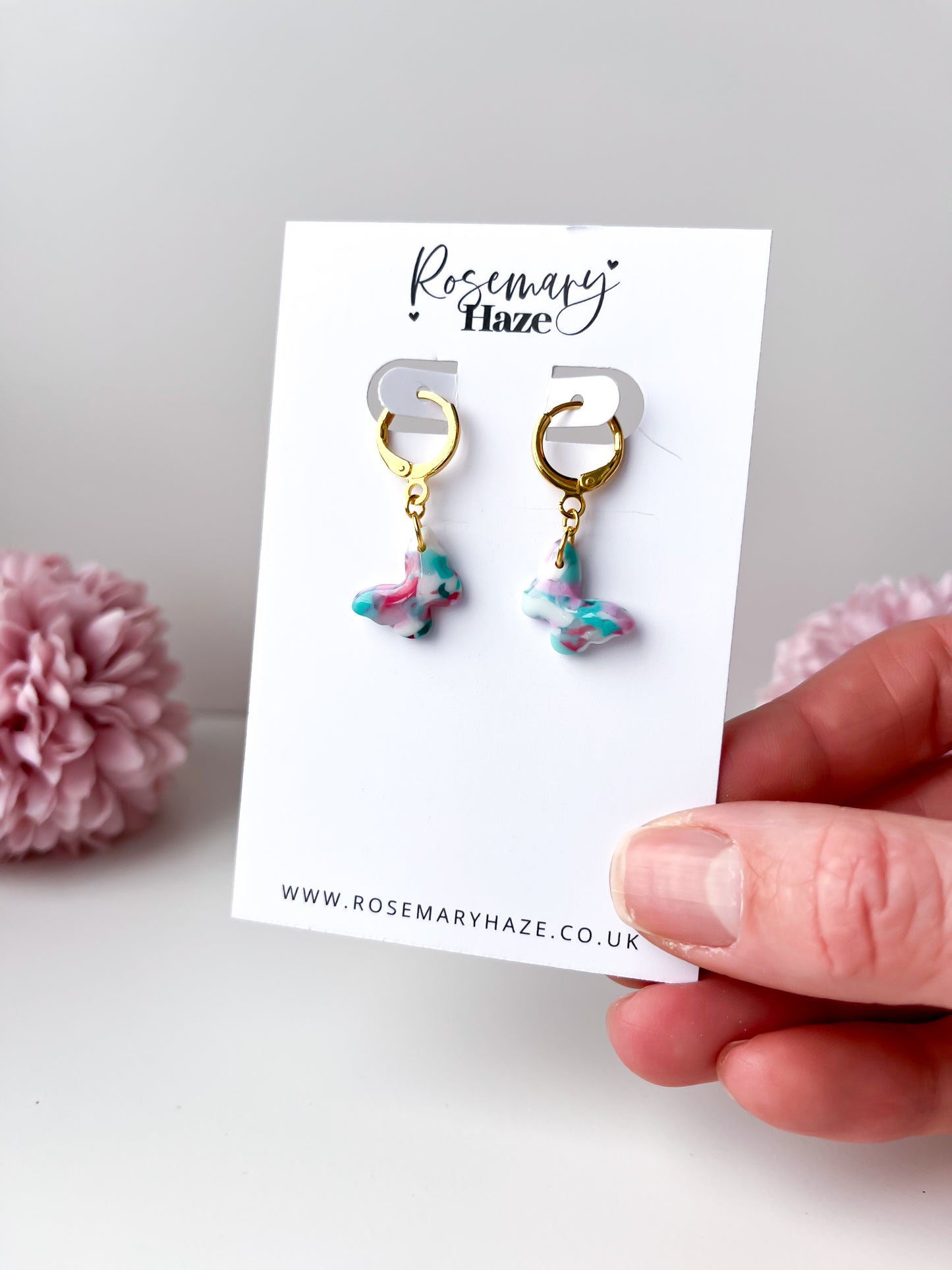 Pink Mint Butterfly Huggie Hoops