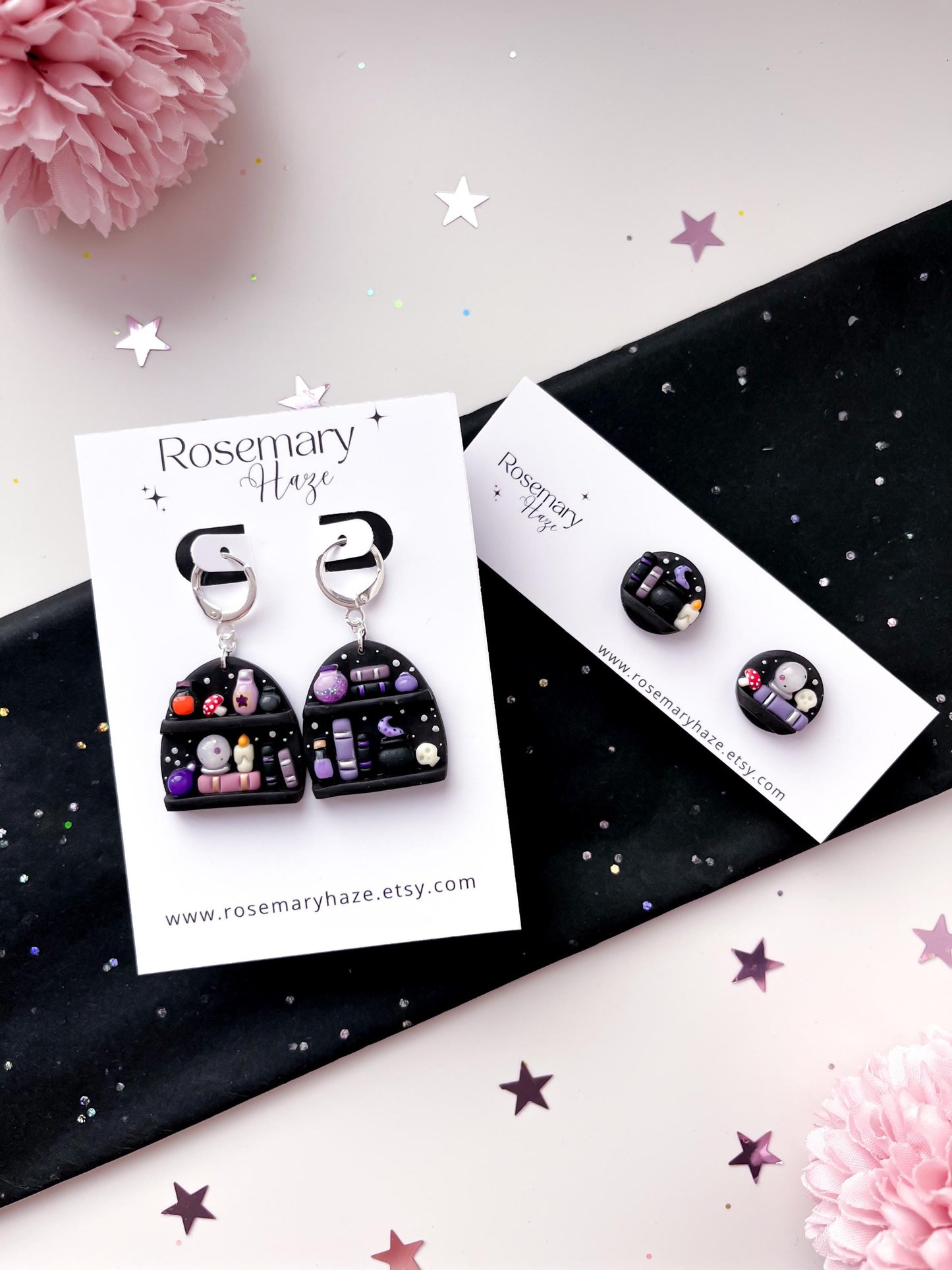 Bookish Halloween Mini Collection - potions bookshelf earrings, studs and hair clips