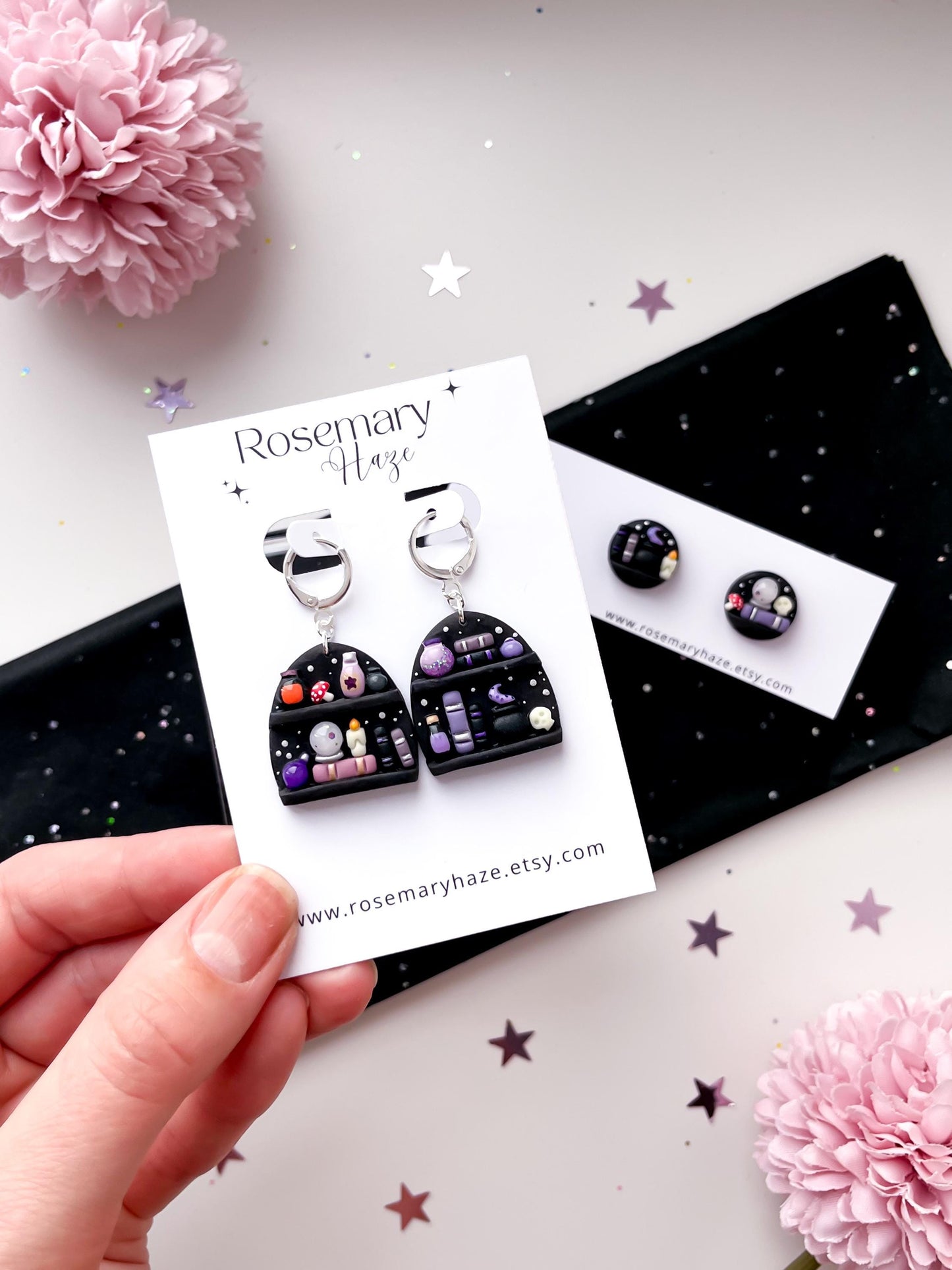 Bookish Halloween Mini Collection - potions bookshelf earrings, studs and hair clips