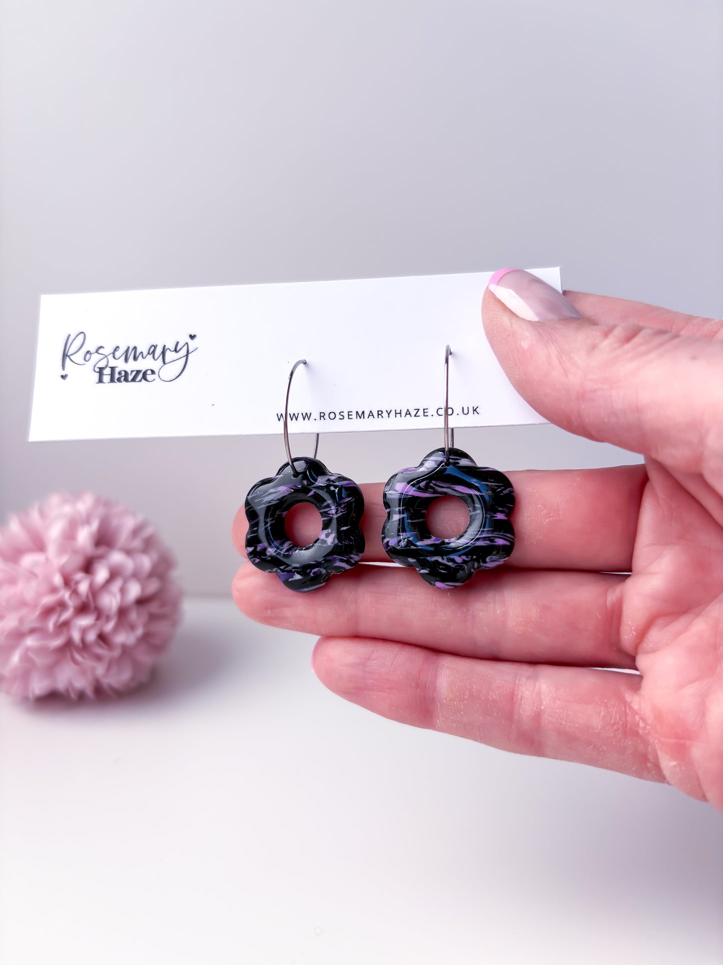 Black & Purple Striped Flower Hoops