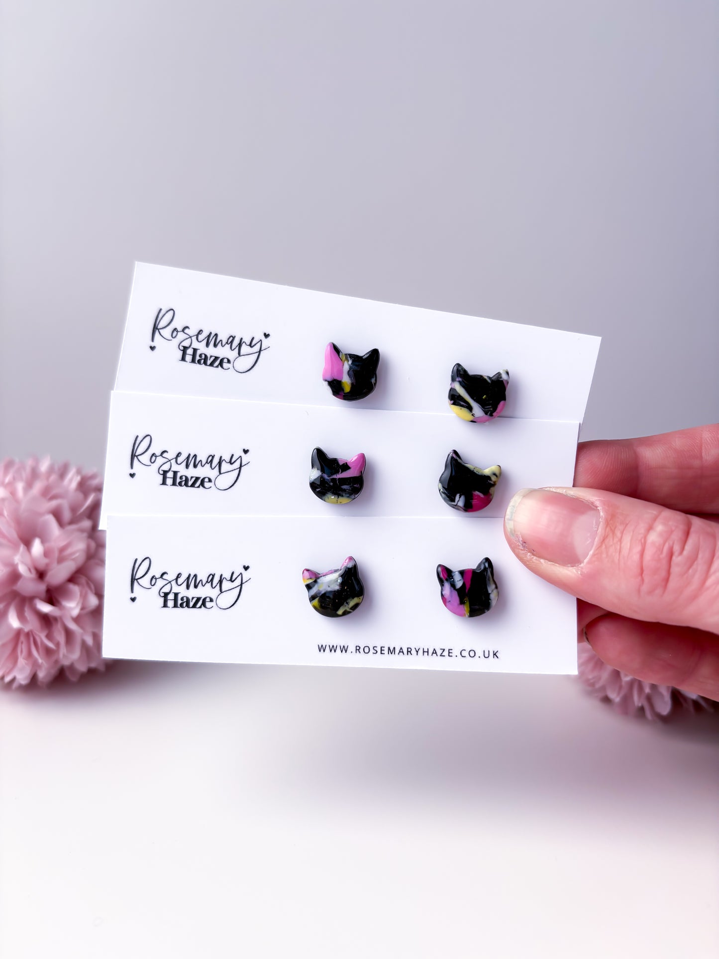 Black, Pink & Yellow Cat Studs