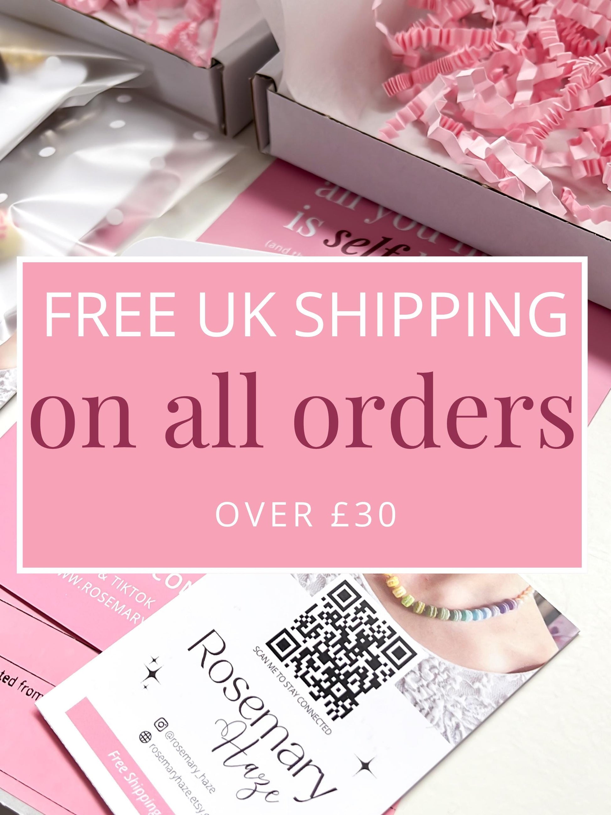 a pile of pink paper with the words free uk shipping on all orders