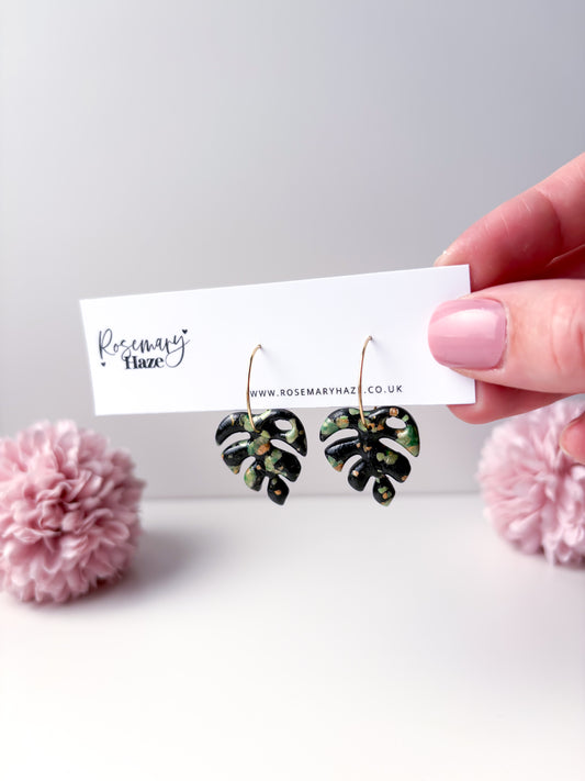 Black, Green & Gold Monstera Earrings