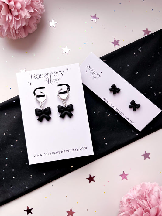 Black Bow Earrings - studs & huggie hoops