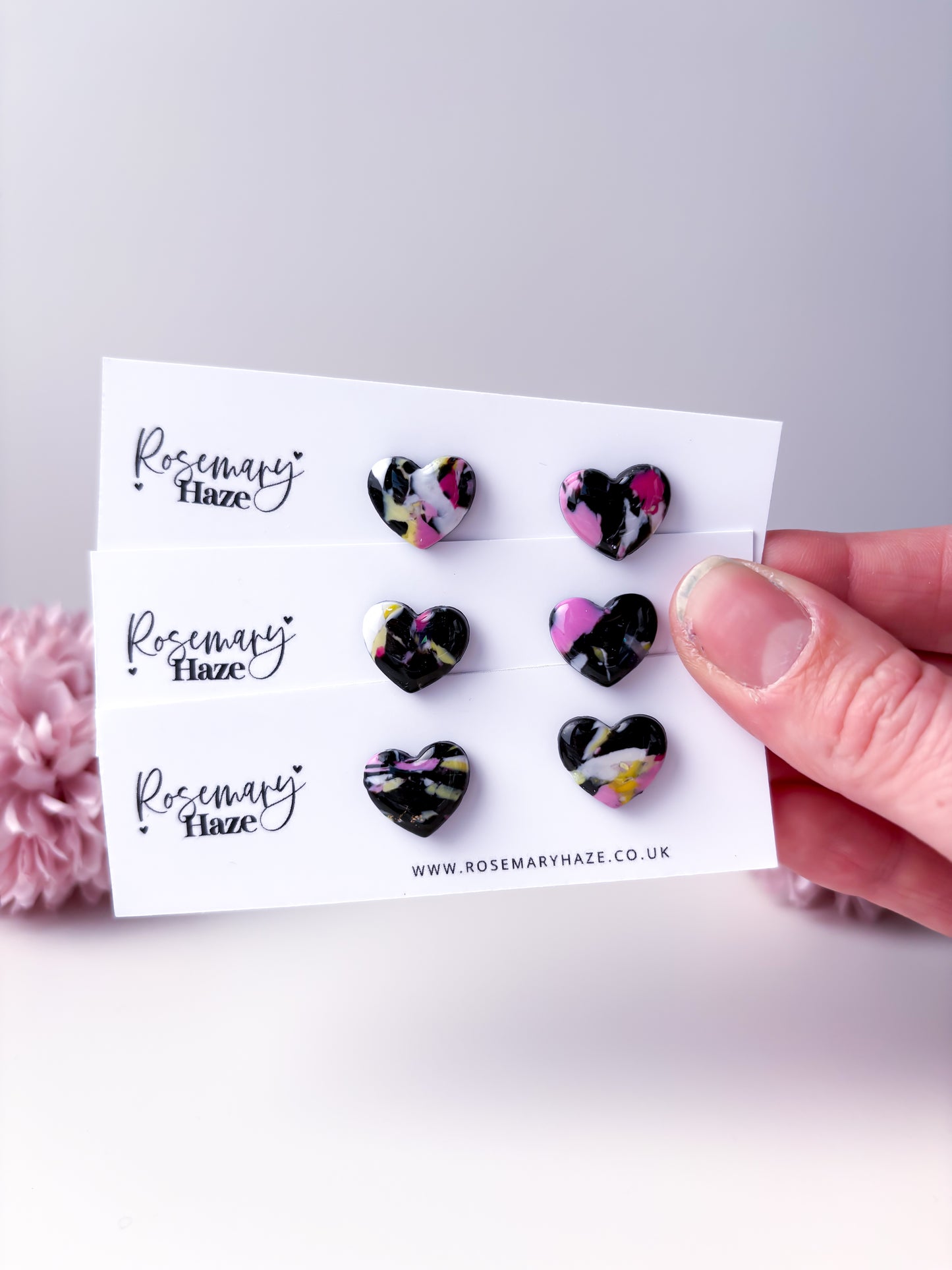 Black, Pink & Yellow Chubby Heart Studs