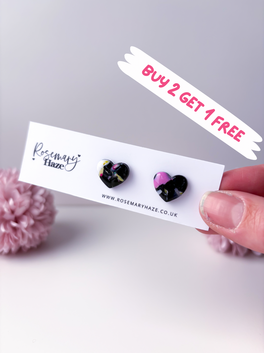 Black, Pink & Yellow Chubby Heart Studs