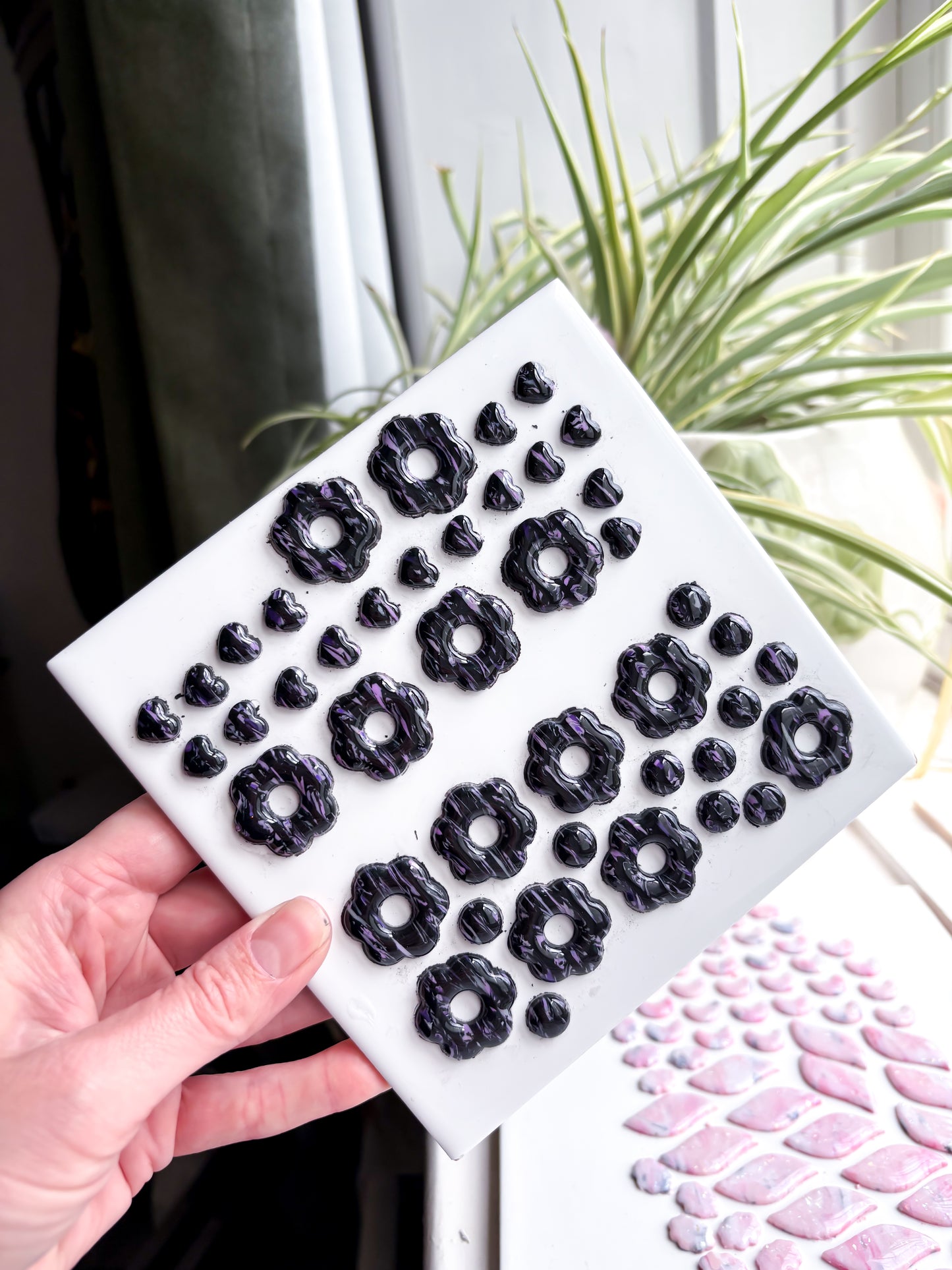 Black & Purple Striped Flower Hoops