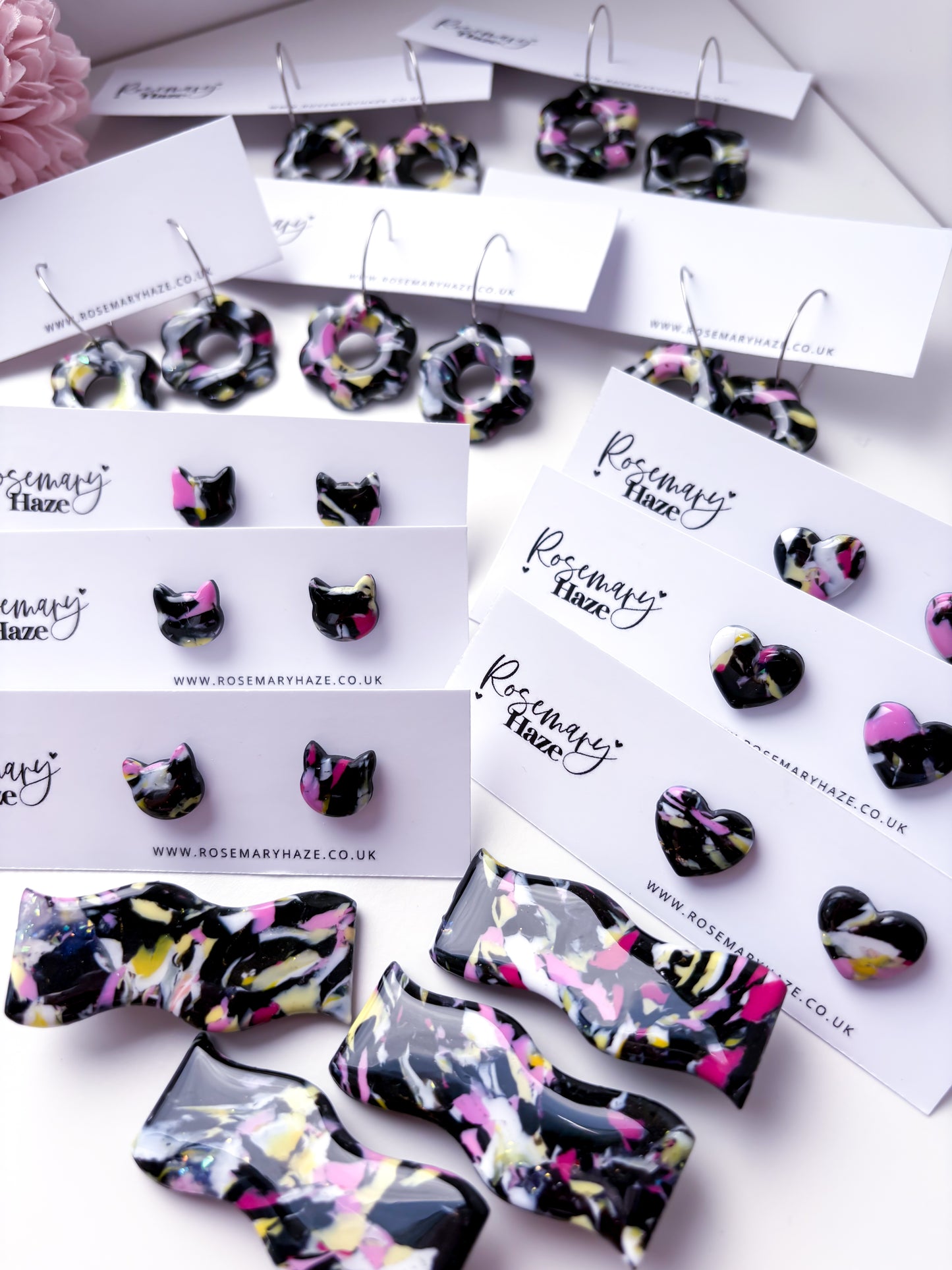Black, Pink & Yellow Cat Studs