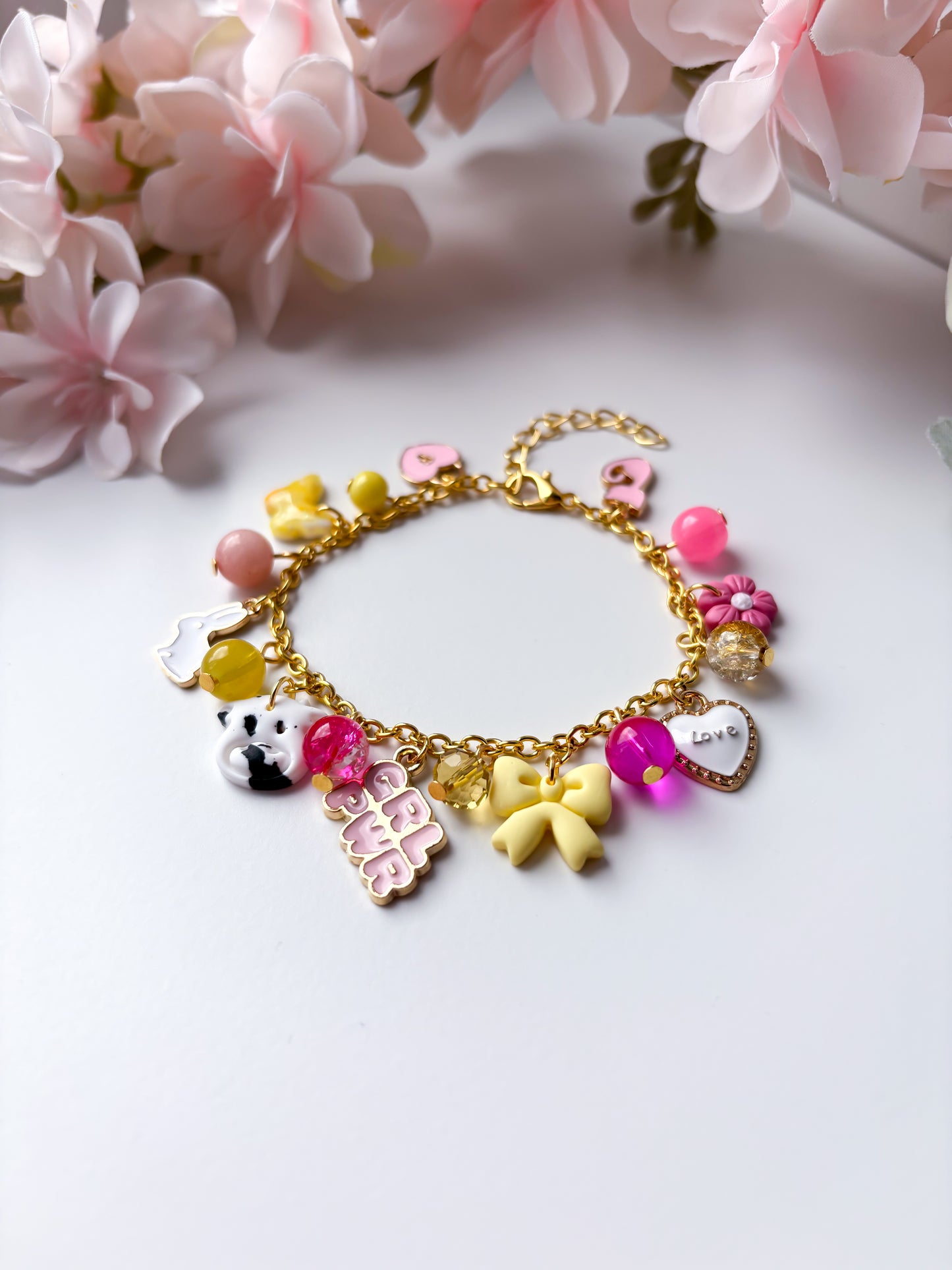 OOAK charm bracelet - pink & yellow