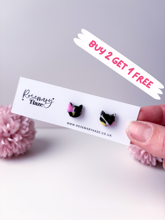 Black, Pink & Yellow Cat Studs