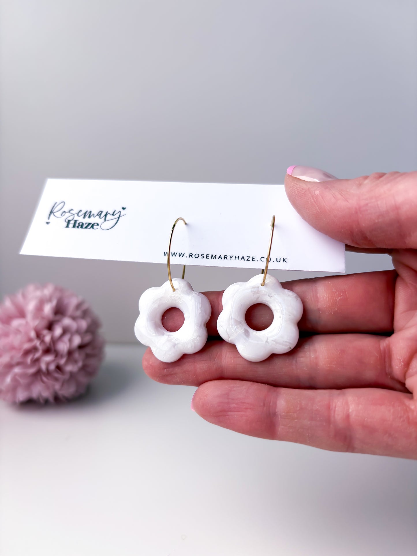 White Marble Flower Hoops