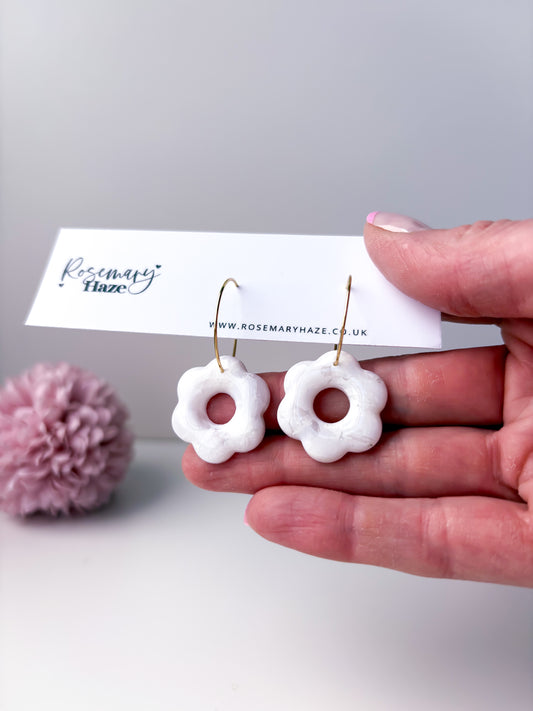 White Marble Flower Hoops