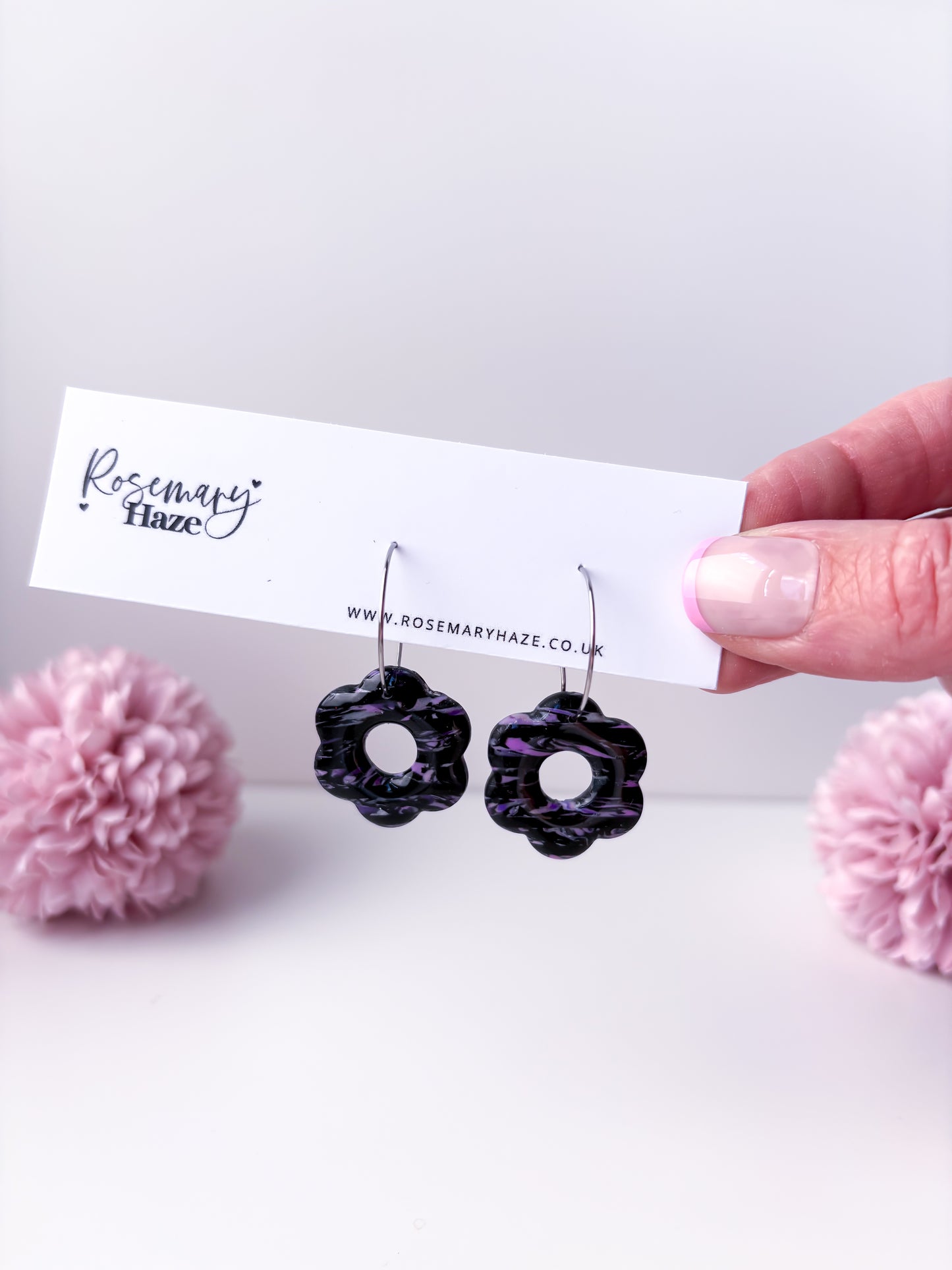 Black & Purple Striped Flower Hoops