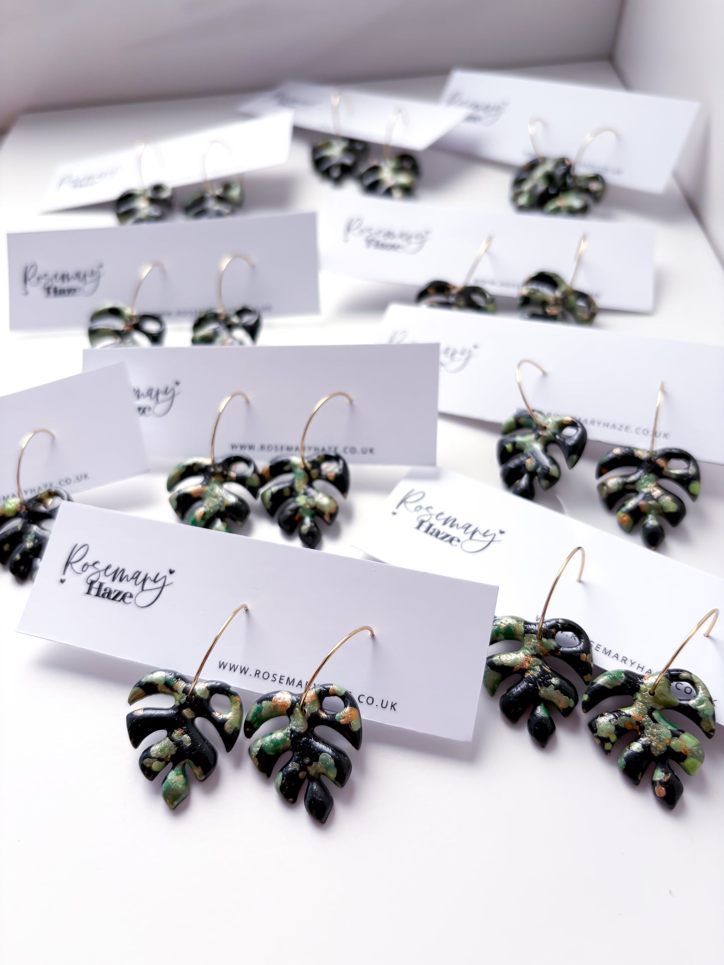 Black, Green & Gold Monstera Earrings