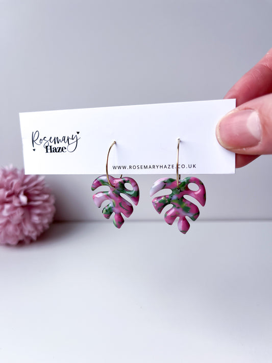 Pink & Green Monstera Earrings