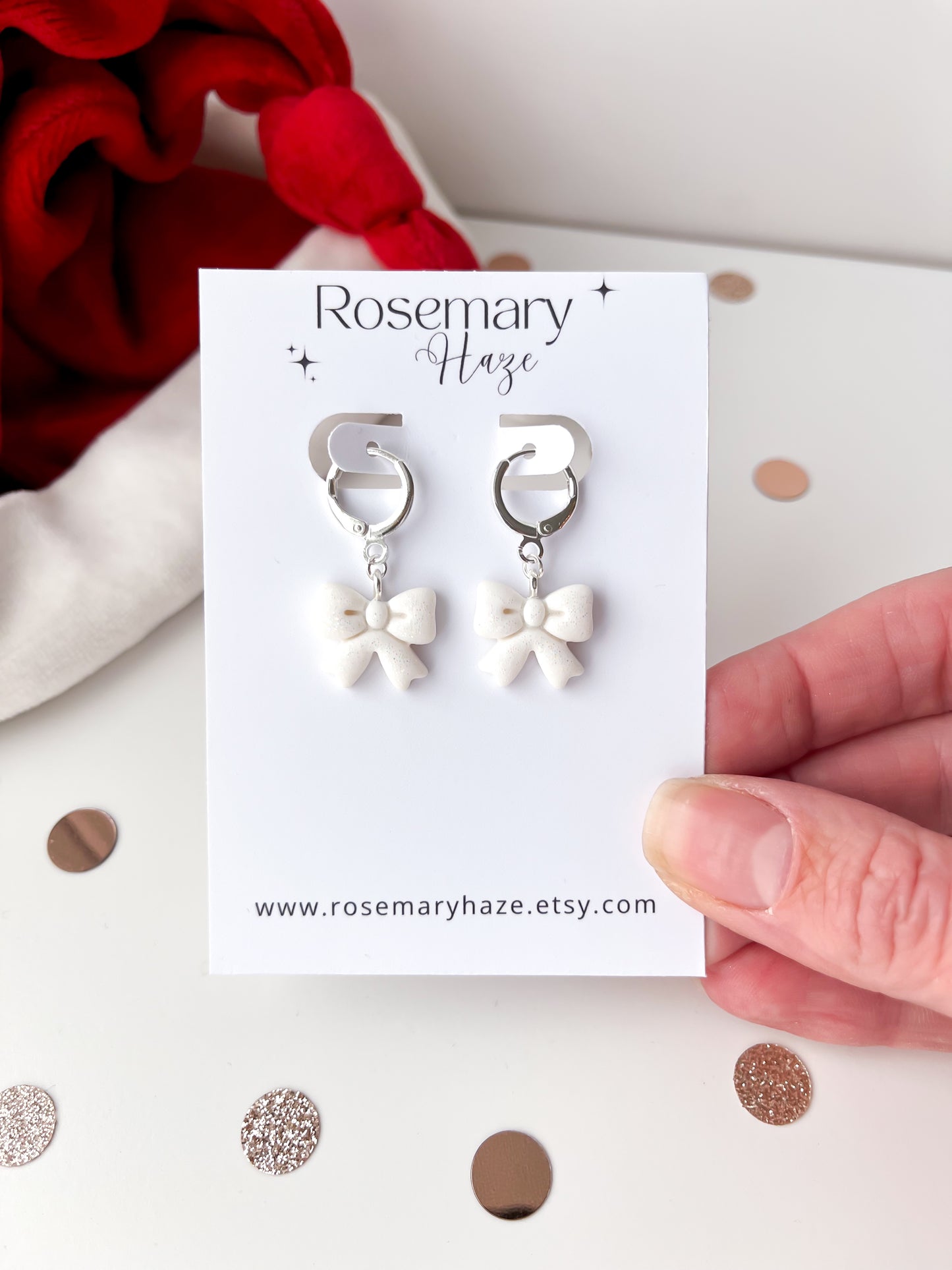 White Glitter Bow Huggie Hoop Earrings