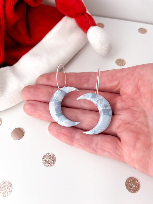 Winter Marble Crescent Moon Hoops