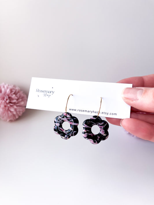 Black & Pink Flower Hoops