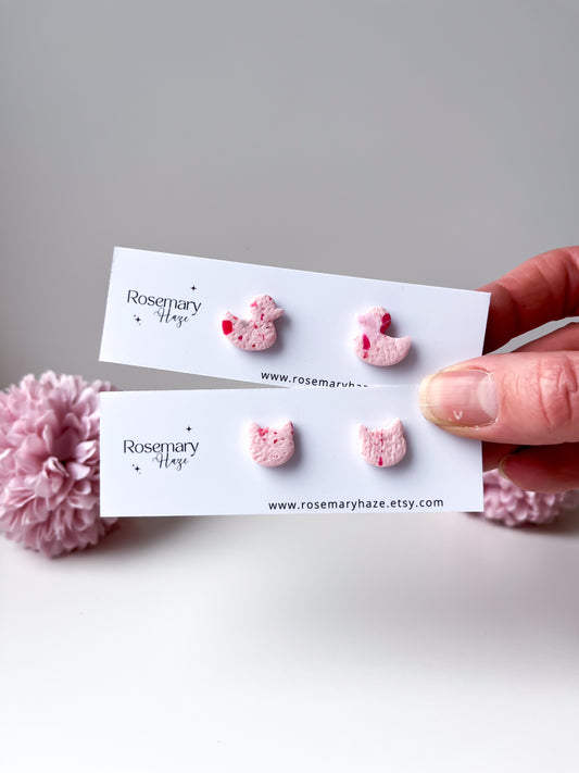 Sprinkled Pink Studs - cat & duck