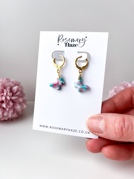 Pink Mint Butterfly Huggie Hoops