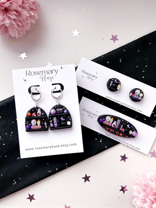 Bookish Halloween Mini Collection - potions bookshelf earrings, studs and hair clips